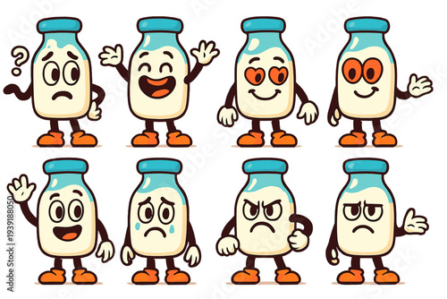 Cartoon bottles show different emotions and expressions in a playful