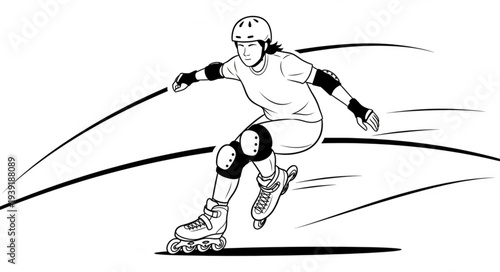 Energetic roller skater demonstrating balance and speed with protective gear on a sunny day.