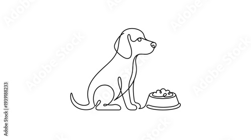 Single Continuous Line Dog Sitting Beside Food Bowl Minimal Pet Vector Illustration