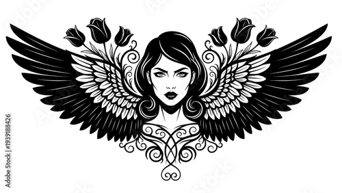 Gothic Angel Woman with Black Wings and Roses, Dark Fantasy Art