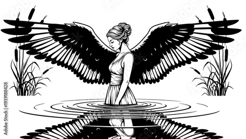 Mythical Angelic Woman with Bird Wings in Water Reflection, Black and White Illustration