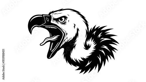 Vulture Head Emblem, Aggressive Bird of Prey, Black and White Vector Illustration