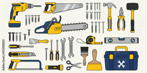 Construction Tools Collection Drill Hammer Saw Wrench Toolbox Vector Illustration Set