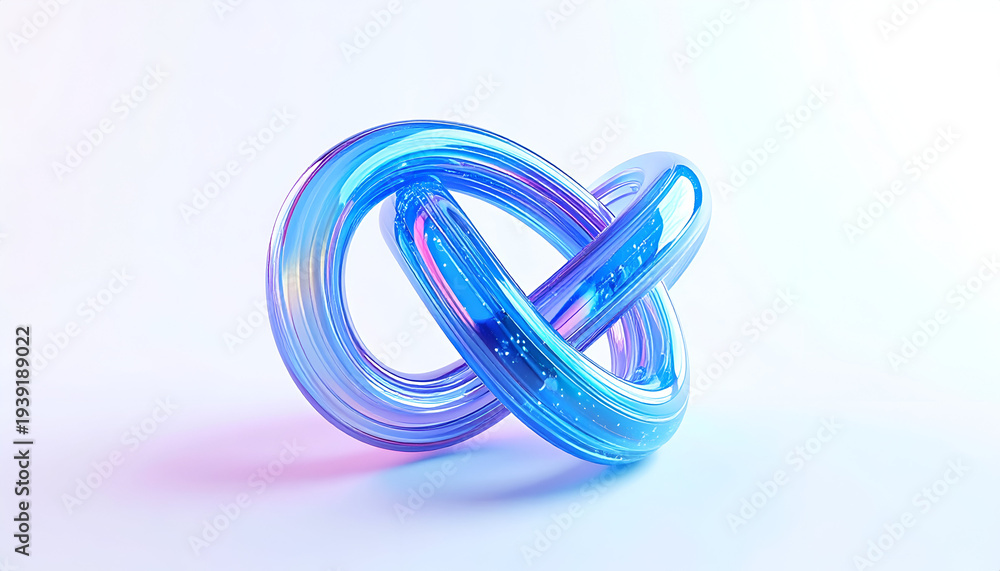 Fototapeta premium Abstract intertwined loop rendered with blue glass effect illuminated on white backdrop