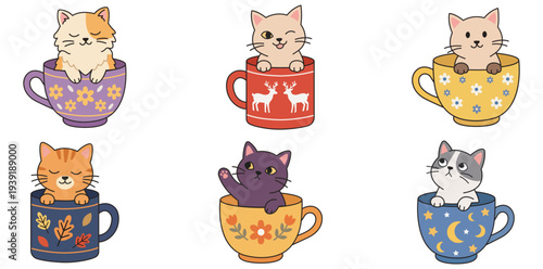 Cute Cat Tea Party: Six adorable kittens playfully occupy different decorated cups, offering a charming moment. This image evokes feelings of joy, warmth, and the simple pleasures of life. 