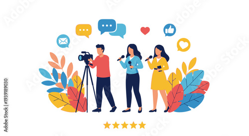 Social media influencers posing for a photo shoot with colorful leaves.