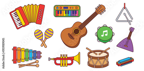 Musical Instruments Collection Guitar Accordion Maracas Drum Vector Illustration Set