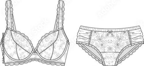 Elegant lace lingerie set with bra and panties, floral embroidery women underwear fashion illustration, detailed feminine lingerie design vector