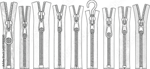 Set of detailed zipper illustrations showing different clothing fasteners, sewing accessories and garment zip closures, fashion tailoring vector collection