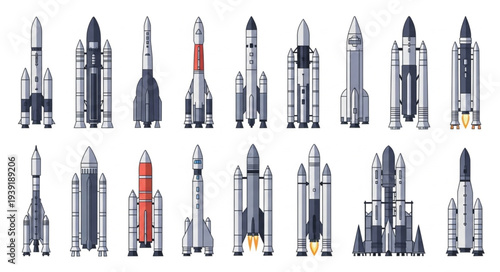 Collection of various rocket ships and spacecraft illustrations.