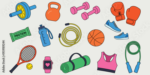 Fitness Gym Equipment and Sports Gear Vector Illustration Set