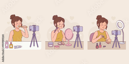 Beauty Routine Capture: A content creator meticulously showcases her beauty regimen with a blend of beauty products and technology. This image illustrates a seamless fusion of makeup and social media.