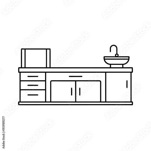 Vector illustration of a kitchen counter with sink, microwave and cabinets