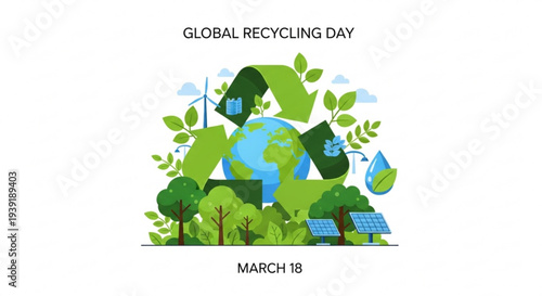 Global recycling day illustration with earth recycling symbol solar panels and green trees on white background