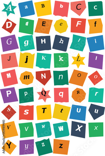 Vibrant collection of uppercase and lowercase English alphabet letters on colorful, irregularly shaped paper cutouts arranged randomly.