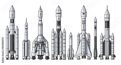 Collection of various rockets and spacecraft designs.