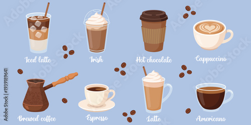 Varied Coffee Delights: A colorful and inviting display of various coffee beverages, from iced lattes to frothy cappuccinos, each a unique indulgence for the coffee enthusiast. 