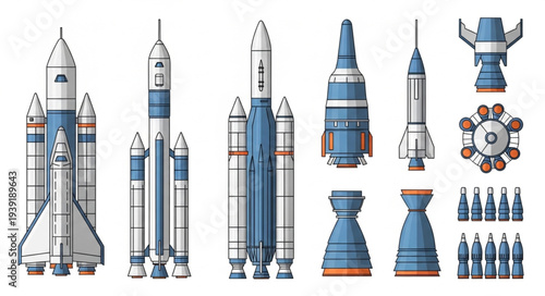 Collection of various rockets and spacecraft components isolated on white background.