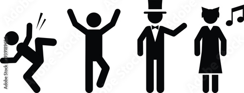 Stick figure icons showing different human actions including dancing, falling, presenting and listening to music, simple black silhouette vector set