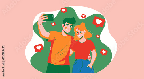 Couple taking selfie together surrounded by social media likes and hearts.