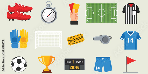 Football accessories icon set: Featuring a collection of various football equipment, the image showcases the essential elements for the sport.