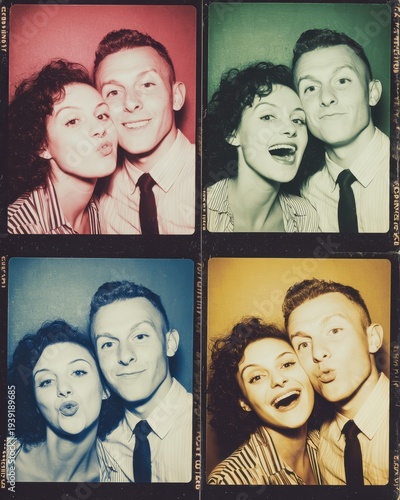 Happy Couple in Vintage Photo Booth Four Frame Retro Film Strip