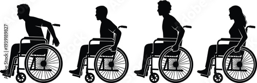Silhouette collection of wheelchair users moving independently, disability mobility concept, accessible lifestyle illustration showing disabled people in wheelchairs