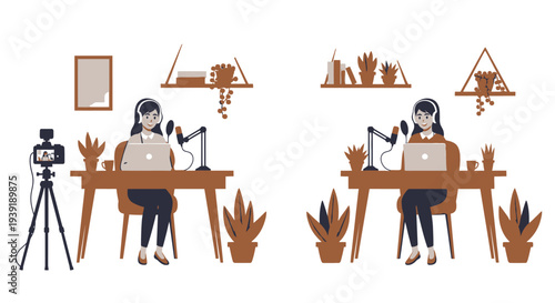 Illustration of a woman working on a craft project at a desk with various art supplies.