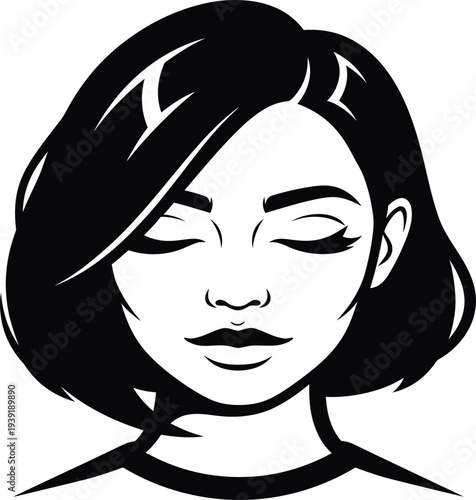 Illustration of a woman with short dark hair and closed eyes