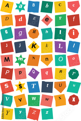 A vibrant collection of colorful, irregularly shaped paper cut-outs featuring the complete English alphabet in both uppercase and lowercase letters, arranged in a grid.