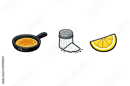 Cooking ingredients displayed on a plain surface showing a pan with