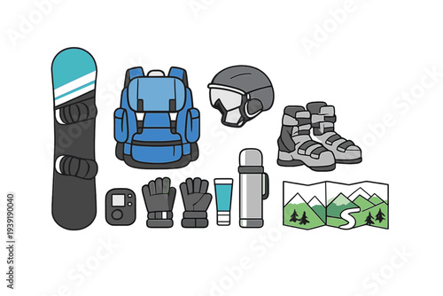 Snowboarding gear and equipment laid out for a winter trip in the