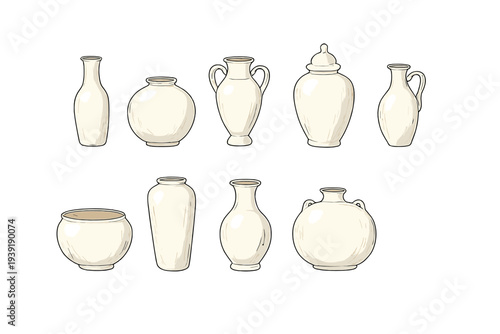 Different types of white pottery displayed in a row showcasing various