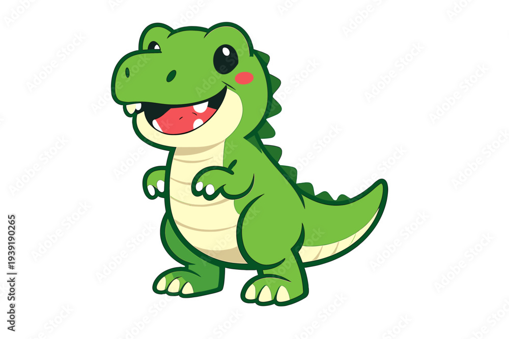 Obraz premium Cartoon dinosaur character standing and smiling with arms raised in a