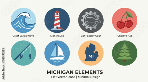 Michigan Elements Icon Set – Great Lakes and State Identity Illustrations Featuring Cresting Wave, Lighthouse, Car Factory Gear, Cherry Fruit, Fishing Rod, Sailboat, State Outline, and Pine Tree