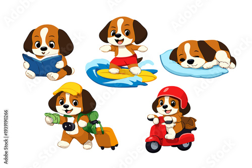 Cute cartoon puppies engaging in different activities at various times