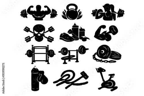 Various gym equipment and fitness icons showing different workout