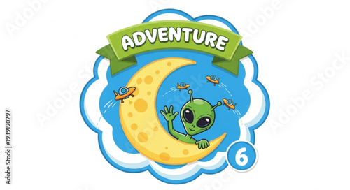 Cute cartoon alien waving from a crescent moon with flying saucers.