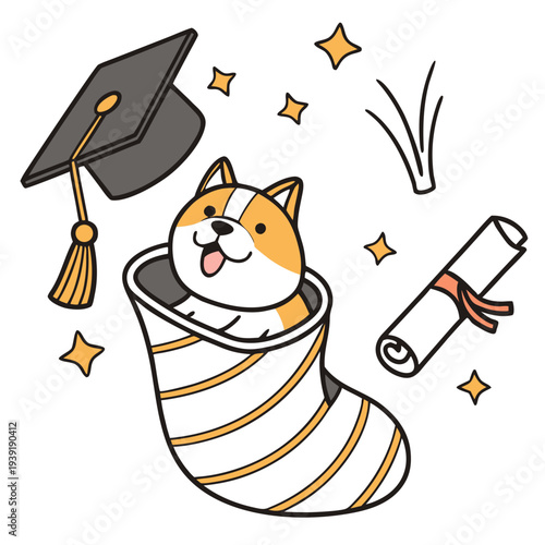 Bashful Akita with snuggled in a sock, set in a charming Graduation theme – Class of [Year] Success color vector art