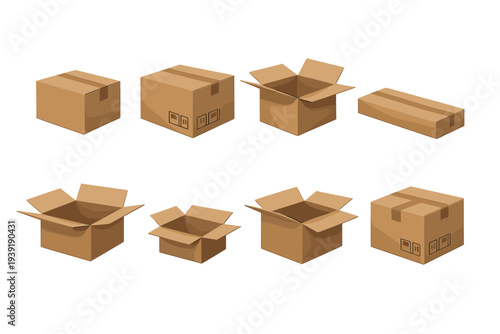 Different sizes and shapes of brown cardboard boxes for storage and