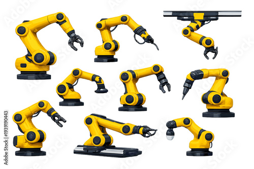 Eight robotic arms in different positions showing various functions