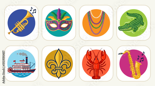 New Orleans Icon Set – Mardi Gras and Southern Culture Illustrations Featuring Trumpet, Carnival Mask, Beads, Alligator, Riverboat, Fleur-de-lis, Crawfish, and Saxophone