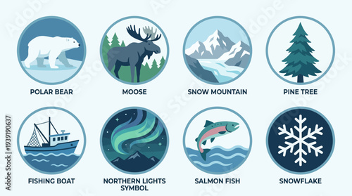 Alaskan Wilderness Icon Set – Northern Nature Illustrations Featuring Polar Bear, Moose, Snow Mountain, Pine Tree, Fishing Boat, Northern Lights, Salmon Fish, and Snowflake