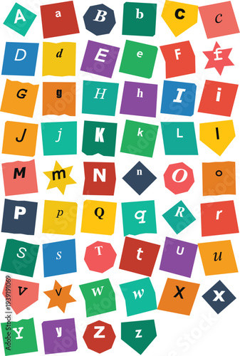 Colorful alphabet letters on irregularly shaped paper cutouts, arranged in a grid pattern.