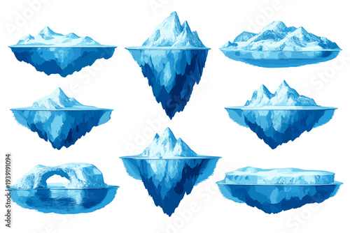 Different views of icebergs in blue tones floating in water with