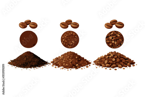 Different types of coffee preparations showing ground coffee coarse