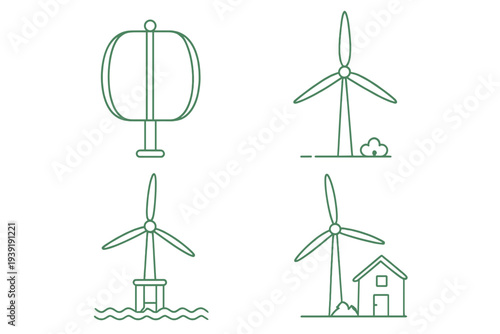 Wind turbines in various designs and placements showing clean energy