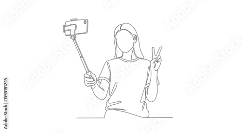 Continuous line drawing of a woman taking a selfie with a peace sign.