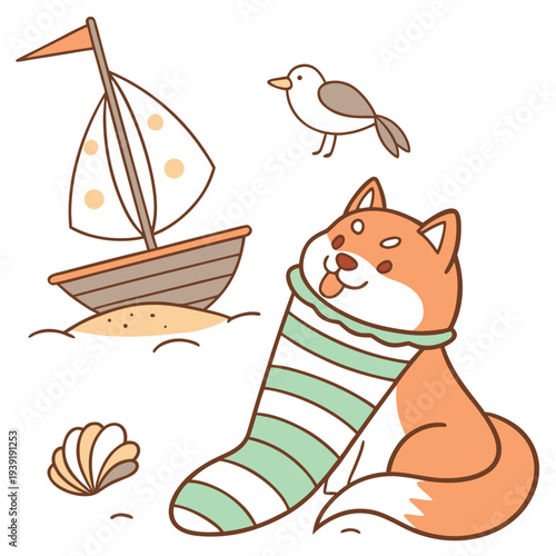 A Playful Akita with snuggled in a sock in a Beach day theme – Ocean Breeze palette SVG illustration