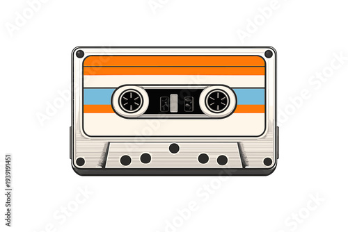 Retro cassette tape with colored stripes on top resting on a plain
